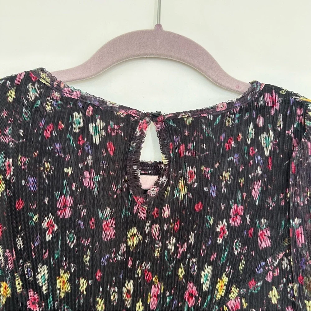 Zara Black Crinkle Rainbow Floral Print Long Sheer Sleeve Youth Dress Size 13/14